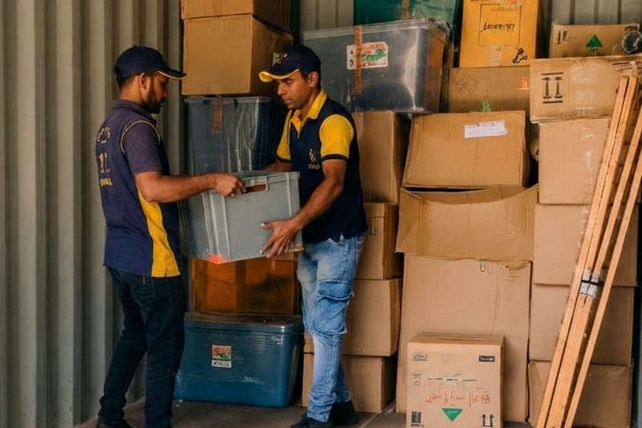 Family Movers packing items into a storage container